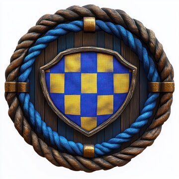 braided rope framed wooden shield with blue and yellow checkered crest and brass fittings, weathered texture evoking maritime strength and proud seafaring spirit