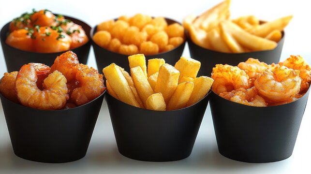 Six black cups filled with golden fried snacks: crispy shrimp and popcorn shrimp, thick-cut fries, potato wedges, cheese puffs and sauced potato bites, inviting and indulgent