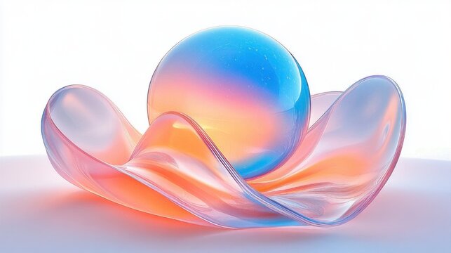 Translucent glass orb resting in a flowing petal-like glass dish bathed in soft pastel blue and peach light, serene dreamy minimalist abstract composition