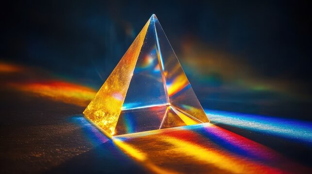 clear glass triangular prism on dark surface casting vibrant rainbow spectrum, colorful light rays and glowing reflections, evoking wonder and serene mystery