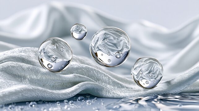 abstract background of floating transparent hydro essence spheres, crystal water pearls suspended in the air, silky liquid waves, soft refraction, microscopic hydration particles