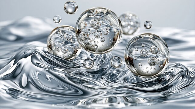 abstract background of floating transparent hydro essence spheres, crystal water pearls suspended in the air, silky liquid waves, soft refraction, microscopic hydration particles