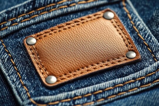 close-up of blue denim jeans with stitched brown leather patch and metal rivets, rugged casual texture and detailed stitching