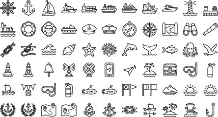 Nautical marine navigation and ocean sailing thin line icons vector set featuring cruise ships anchors lighthouse compasses sea creature and tropical beach symbols © Habiba