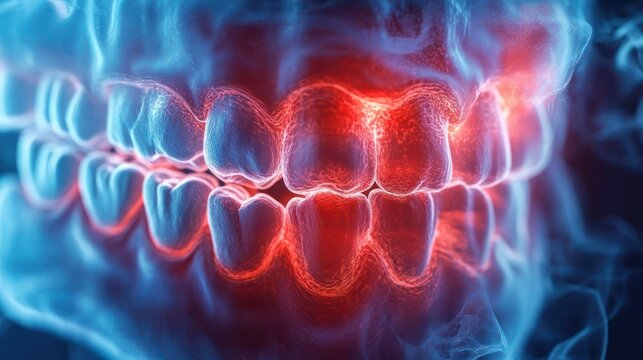 close-up 3d medical visualization of upper and lower teeth and gums with red inflamed areas indicating dental pain and discomfort