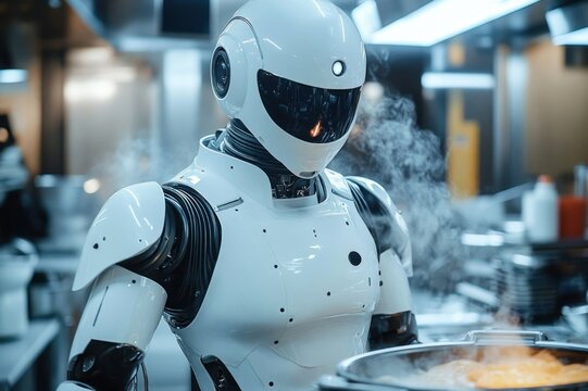 Futuristic humanoid robot chef cooking in a stainless steel commercial kitchen with steam rising from a frying pan, focused and calm atmosphere