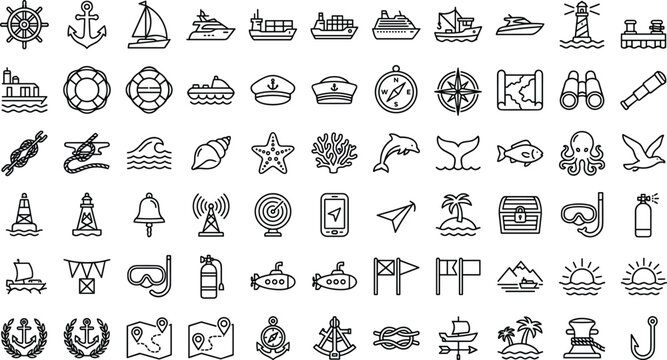Nautical marine navigation and ocean sailing thin line icons vector set featuring cruise ships anchors lighthouse compasses sea creature and tropical beach symbols