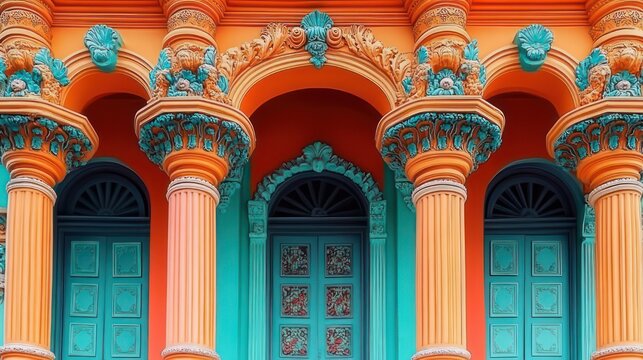 Vibrant ornate building facade with turquoise paneled doors, coral and orange fluted columns, decorative floral capitals and arched openings conveying cheerful elegance