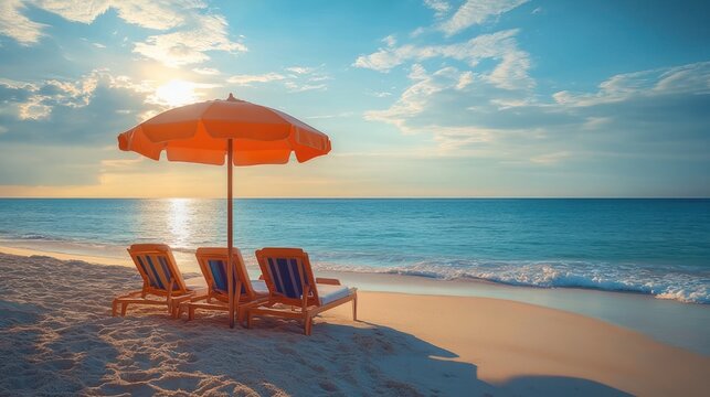 Three empty lounge chairs beneath an orange beach umbrella on a quiet sandy shore at golden sunrise, calm turquoise sea and tranquil sky