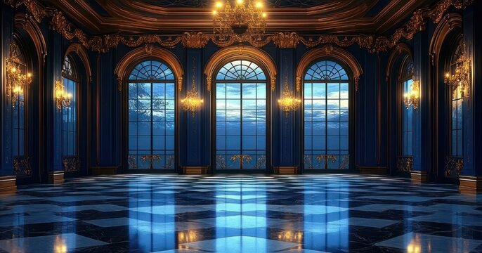 empty opulent ballroom with tall arched windows overlooking calm sea at dusk, blue and gold decor, crystal chandeliers, gilded moldings and reflective checkered marble floor, serene and majestic