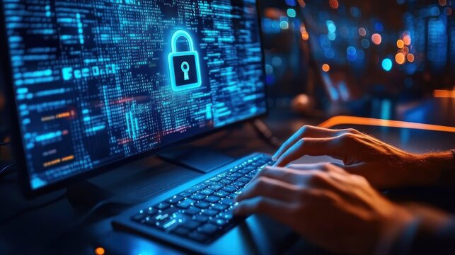 hands typing on laptop keyboard with glowing padlock icon and scrolling code on screen in dark room with blue and orange bokeh, focused and alert cybersecurity atmosphere