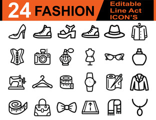 Fototapeta premium 24 Fashion Editable Line Art Icons Set with Shoes Dress Bag Camera Sewing Mannequin Glasses and Accessories Vector Collection