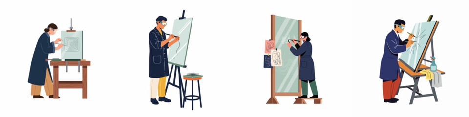 Set of vector illustrations showing professional glass artists engraving and etching various patterns on glass sheets and mirrors in their studio workshop.