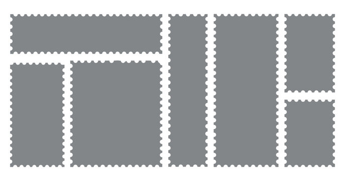 Gray postage stamp silhouettes arranged in a fragmented rectangular pattern scalloped