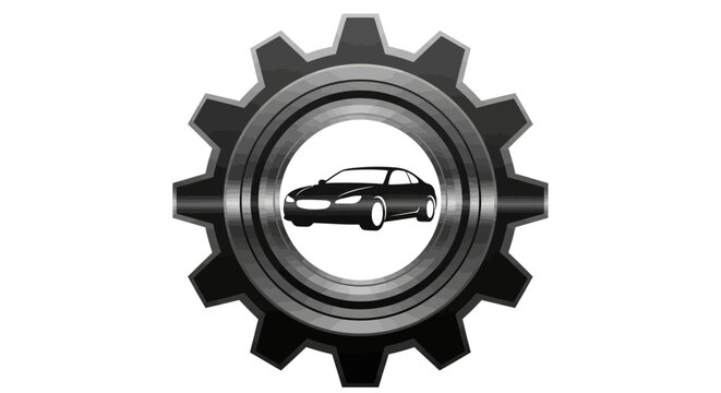 A black and white illustration of a generic car inside a mechanical gear symbol