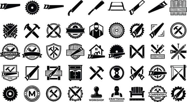 Carpenter woodwork and carpentry workshop emblem vector set featuring vintage craftsman hand tools circular saw blades and lumber construction badges