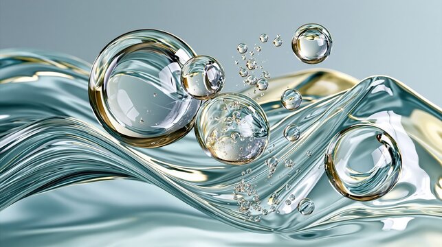 abstract background of floating transparent hydro essence spheres, crystal water pearls suspended in the air, silky liquid waves, soft refraction, microscopic hydration particles