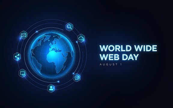 World wide web day celebration graphic with digital earth and tech icons