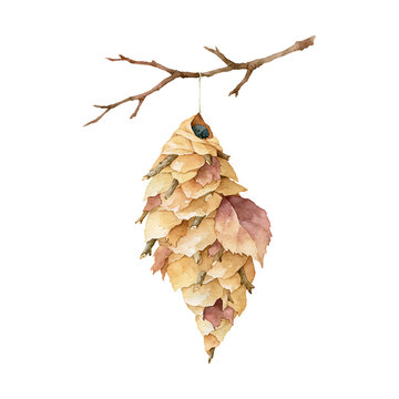 Japanese Bagworm Minomushi Hanging Case Autumn Watercolor Illustration Clipart