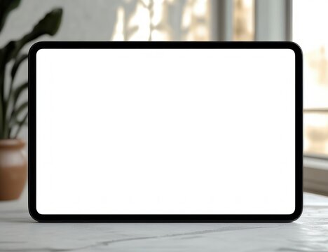 tablet with blank white screen on marble table in a sunlit room with potted plant, window and soft leaf shadows creating a calm minimalist workspace