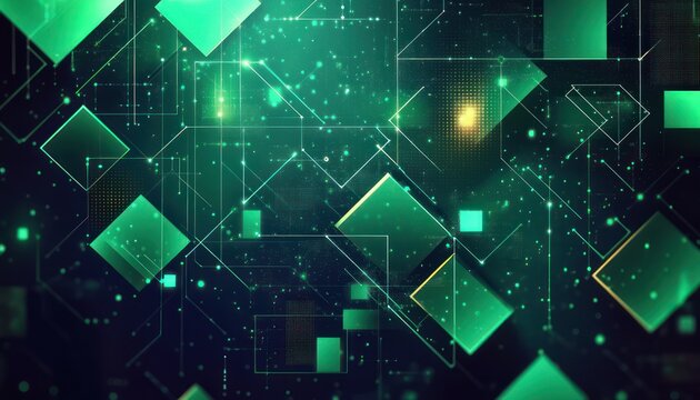 glowing green floating squares and diamonds over a dark circuit-like grid with scattered particles and neon highlights conveying a futuristic energetic mood
