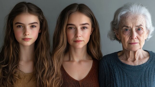three women of different generations standing side by side in knit sweaters with calm, contemplative expressions against a neutral gray background