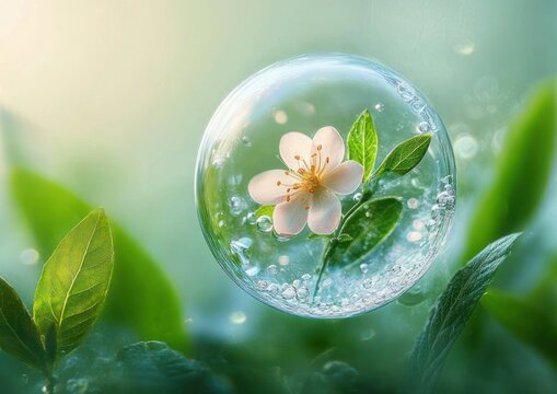 delicate white blossom and green leaves suspended inside a transparent water bubble above dewy foliage, soft dreamy light and serene peaceful mood