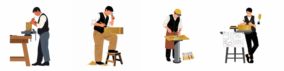 Fototapeta premium Set of flat illustrations featuring craftsmen and engravers working on intricate wood or metal blocks with various tools in a professional workshop.