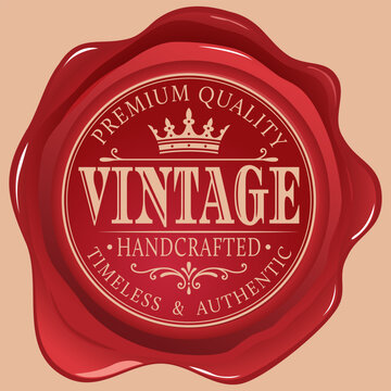A detailed classic red wax seal with intricate beige typography reading Premium Quality Vintage Handcrafted Timeless Authentic, featuring a central crown.