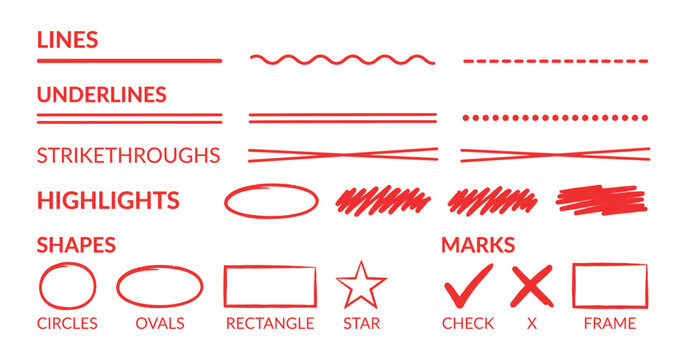 Red lines shapes and marks vector illustration with labeled examples lines