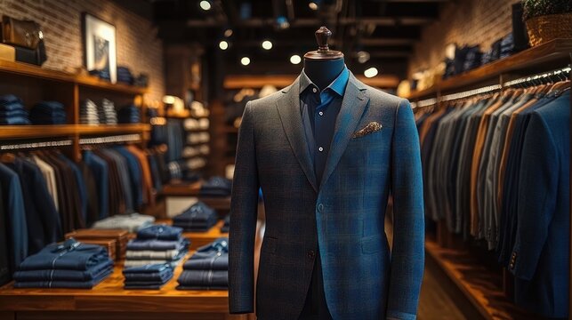 tailored blue plaid suit on a mannequin in a warmly lit menswear boutique with wooden display tables, folded garments, jacket racks and exposed brick walls, elegant and inviting