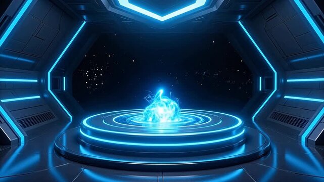 Futuristic sci-fi scene with glowing blue platform