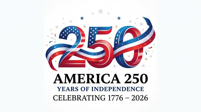 America 250 years of independence celebration logo with red white and blue ribbon and stars