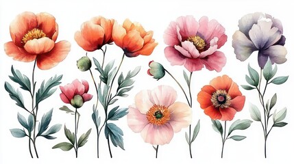 Fototapeta premium assorted watercolor poppy flowers and buds with slender green leaves on white background, soft pastel tones and a delicate, serene mood