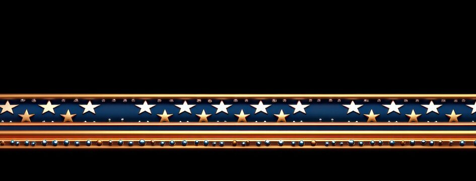 glossy navy stripe with white stars flanked by polished riveted gold bars on black background, bold celebratory and patriotic mood