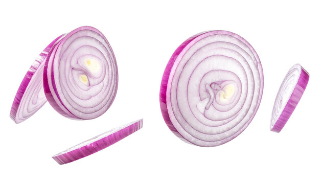 Flying Red Onion Slices Isolated on Black Background Fresh Raw Vegetable Rings for Cooking and Food Design Cutout Graphic Element Set falling purple onion rings healthy organic ingredient backdrop