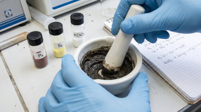 Scientist Grinding Chemicals in Mortar with Pestle for Pyrotechnics Research