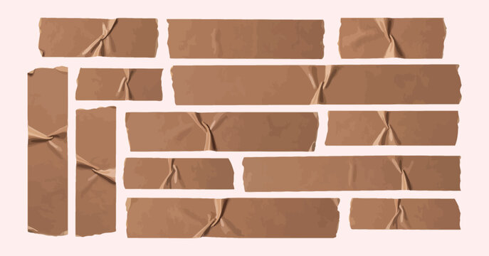 Crinkled adhesive tape pieces arranged in a scattered overlapping pattern strips