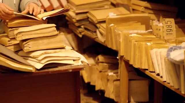 Archivist Sorting Vintage Paper Documents And  Folder Stacks In Old Storage Archive Room