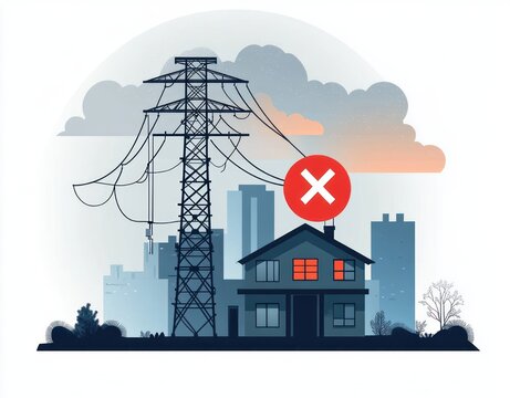 suburban house with warm lit windows beneath a towering electrical transmission pylon and city skyline at dusk, red warning cross signaling power outage and tense, alarming mood