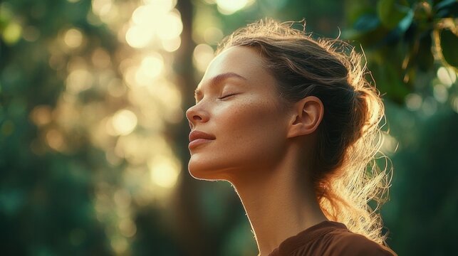 Side profile of a person with a blurred, pixelated face and hair in a loose bun, bathed in warm golden sunlight among soft-focus green foliage, conveying a serene, contemplative mood