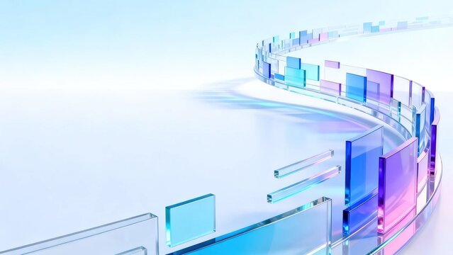 Modern futuristic 3d abstract composition made of curved arrangement of transparent colored glass rectangles in blue purple and pink on clean plain light background