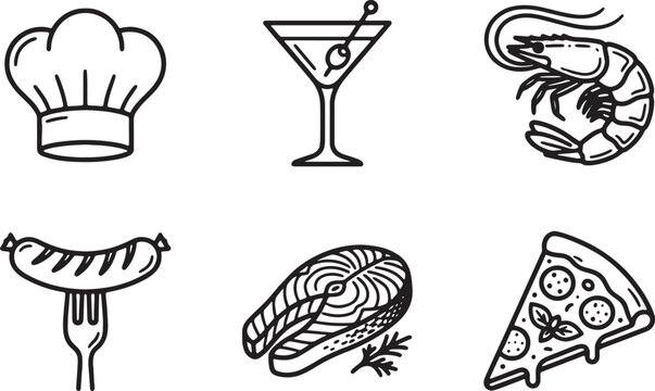 Hand drawn gourmet food and chef icons with shrimp salmon pizza drink, line art
