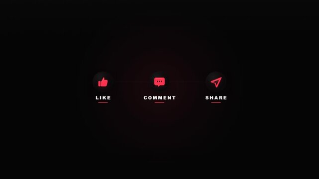 Social media engagement icon animation with like comment and share buttons on dark background