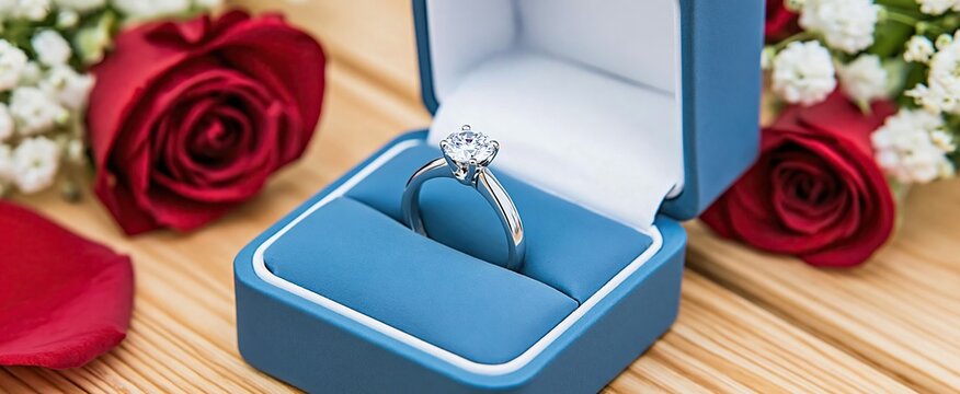 A sparkling diamond ring resting in a plush velvet box, bathed in warm, gentle light.
