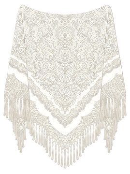 Traditional Spanish lace manton de manila shawl with floral embroidery and fringe