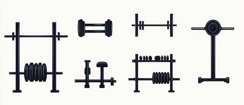 seven black gym equipment silhouettes including squat rack with loaded bar, dumbbell, multiple barbells, bench and weight plate stand, evoking strength and determination