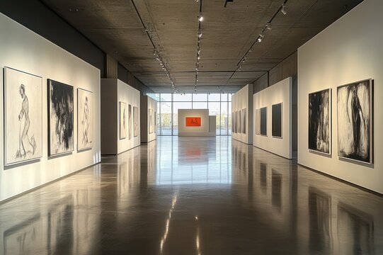Spacious modern art gallery corridor with framed black and white figurative works on white walls, polished reflective floor, track lighting and a distant orange painting, serene and contemplative