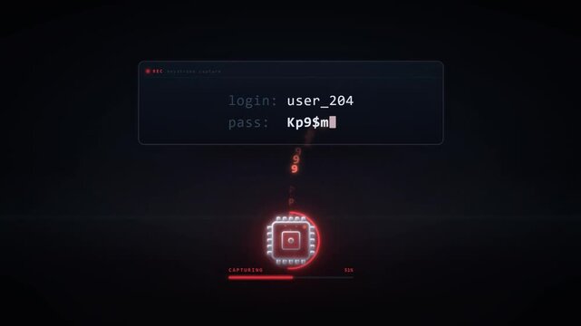 Animated interface showing a keystroke capture cyber attack with password theft and computer chip processing