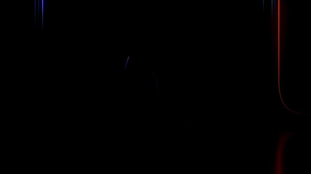 Colorful neon light streaks racing toward camera through a wide open space with AI text. Blue, white, and orange glowing lines. Cinematic tech motion background.